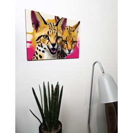 The Plum Penguin Pop Art Serval Cat Wall Art Set, A4 Dual MDF Wood Panels, Bright Home Decor Canvas Alternative 40 x 30cm