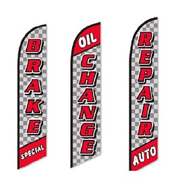 Generic Oil Change AUTO Body Repair Brake Special SWOOPER Flag Set of 3 Flags, Red and White Lettering on Checkered Background