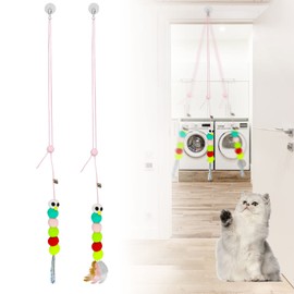 WishLotus Interactive Cat Toys, 2 PCS Retractable Hanging Door Self-Playing Cat Feather Toy, Soft and Cute Caterpillar Cat Toy with String, Sticky Hook and Bell for Cat Playing and Killing Time (A)