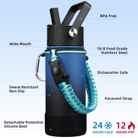 BJPKPK Water Bottle with Straw Lid, 18oz Insulated Water Bottles with 3 Lids, Paracord Handle & Non-slip Boot, Metal Stainless Steel Thermos, BPA Free Leak Proof Tumblers,Blue Black
