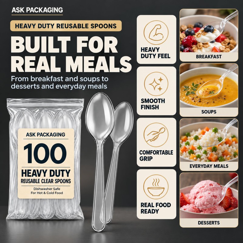 100 Pack Heavy Duty Clear Spoons – Re-usable & Dishwasher