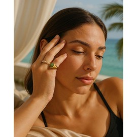 YeGieonr Gold Rings for Women Trendy Non-tarnish Chunky Gold Plated Ring, Waterproof Stainless Steel Gold Jewelry Gift (Green Aventurine, 10)