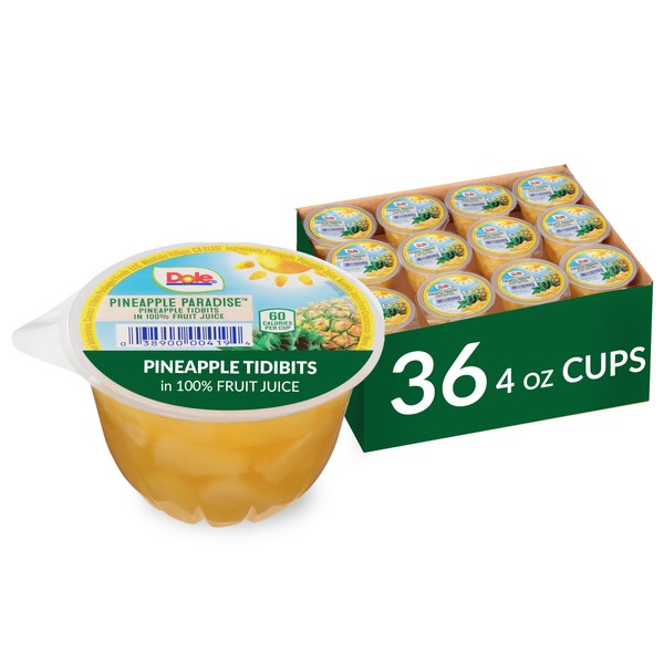 Dole Fruit Bowls Pineapple Tidbits in 100% Juice, Back To School, Gluten Free Healthy Snack, 4oz, 36 Total Cups