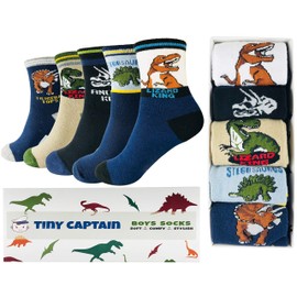 Tiny Captain Boy Dinosaur Socks - 4 Year Old Boys Crew Cotton Sock Perfect Age 5,6,7 Gift Set (Medium, Black and Blue)