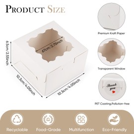YEEHONG 50 Pack Cookie Boxes with Window, 4x4x2.5 Inch White Bakery Box, Kraft Paper Treat Boxes for Pastries, Cookies, Pie, Donuts, Macaron, Strawberry Boxes withTag