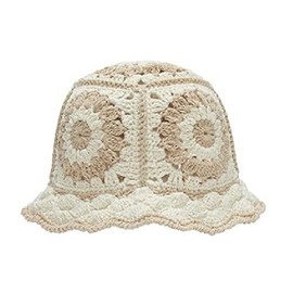 ROWAGY Women Knit Crochet Flower Bucket Hat Handmade Visor Hat Foldable Cute Casual Beach Knitted Floral Sun Hat (Khaki)