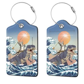 2 Pcs Luggage Tags for Suitcase, Cute Unique PU Leather Travel Bag Tag with Privacy Cover ID Label Address Card and Durable Metal Ring Suitable for Men Women Children Backpack,Cat Riding Dinosaur