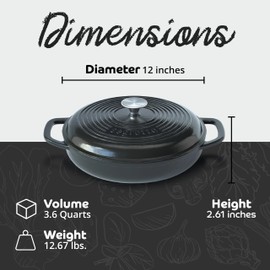 Segretto Cookware 3.6 QT Braiser Enameled Cast Iron Casserole Pan With Cover, Nero (Black) Cast Iron Braiser Pan With Lid, Lasagna Pan Enamel Cast Iron Cookware | Enameled Cast Iron Skillet with Lid