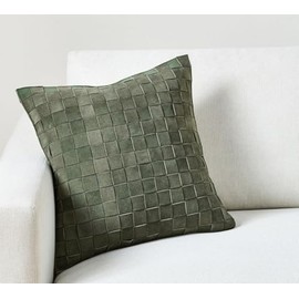 Genuine Lamb Leather Cushion Pillow Cover - Luxury Leather Pillow Case - Modern, Boho, Farmhouse Home Decor - Bedroom Couch, Living Room, Sofa Bed (Basketweave - Hunter, 18" x 18")