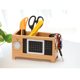 Wooden Pencils Holder Desk Organizer with Perpetual Calendar