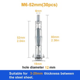 30 pcs Molly Bolts, Metal Drywall Anchors, Heavy Duty Zinc Plated Steel Molly Bolt (M6-52)