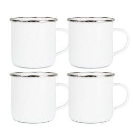Set of 4 Enamel Mugs - Camping Gift Durable Hot Drinks White Outdoor Cup with Silver Rim - Travel Picnics Home Hiking