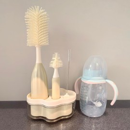 Baby Bottle Cleaning Brush Set – Innovative Silicone Foam‑Dispensing Bottle Brush with Nipple Brush & Straw Brush + Storage Stand (Beige)