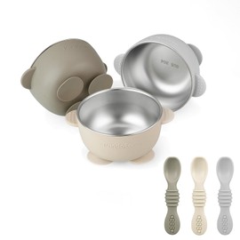 PandaEar 3 Pack Stainless Steel Suction Baby Bowls & 3 Baby Feeding Spoons | Non-Slip Stay Put Bowls & Soft Silicone First Stage Spoons for Toddlers, BPA-Free Baby Led Weaning Set (Linen Brown Tan)