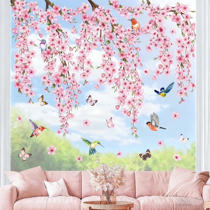 Whaline 9 Sheets Cherry Blossom Floral Window Clings Spring Glass