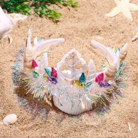 Urieo Seashell Headband White Conch Shell Crown Colorful Strip Glitter Hairband Handmade Rave Festivals Party Hair Accessories for Women and Girls