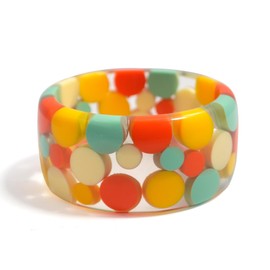 Polka Czarina: An Exquisite Handcrafted Straight profile clear Lucite Bangle with a Vibrant Symphony of Blue, Yellow & Orange Polka Dots.