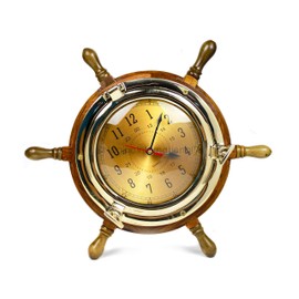 Nagina International 13"-9" Exclusive Pirate's Nautical Ship's Steering Wheel Styled Porthole Clock | Lavish Wall Decor Gifts & Collectible