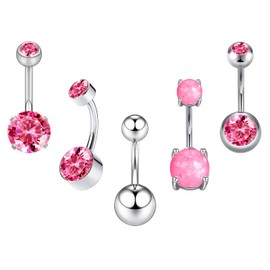 BLZ 14G Stainless Steel Belly Button Rings Cute Navel Rings for Women 5pcs Belly Piercing CZ Inlaid pink