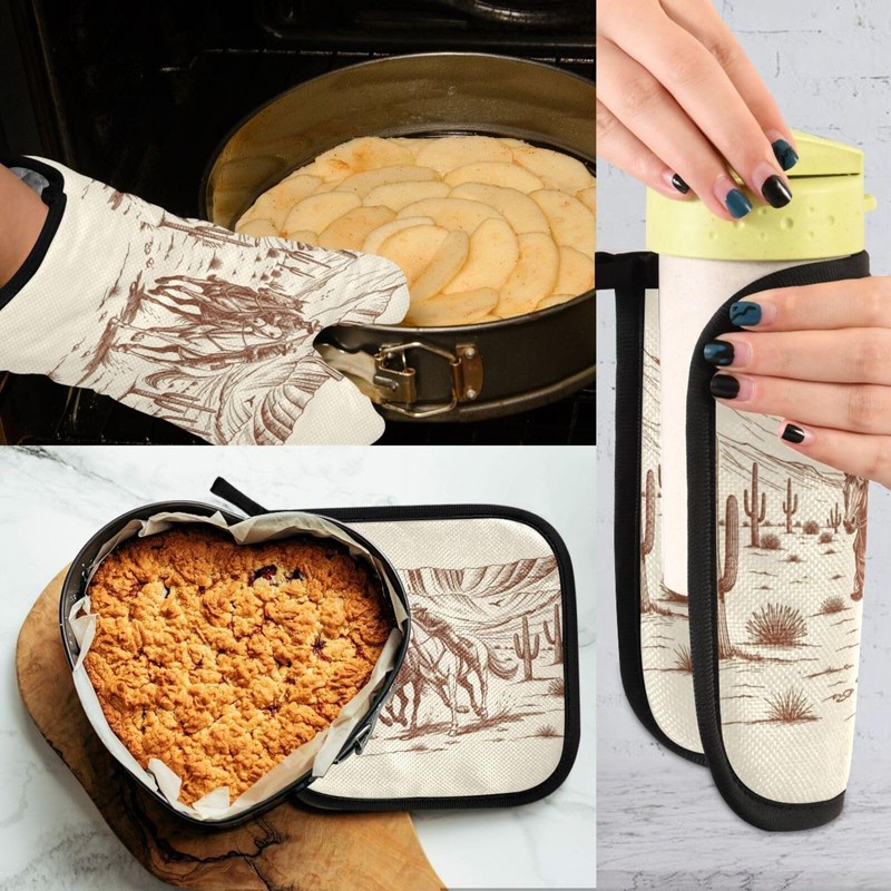 Kcldeci American Wild Western Desert Cowboy Oven Mitts and Pot
