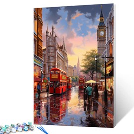 London Street Landscape Paint by Numbers Kits 16x20 inch Canvas DIY Oil Painting for Kids, Students, Adults Beginner with Brushes and Acrylic Pigment - Bus Town Bell Scenery Photo Gift(without Frame)