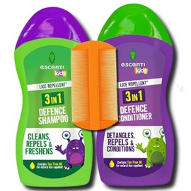 Escenti Kids 3-in-1 Head Lice Prevention Bundle – Natural Lice Defence Shampoo (300ml), Conditioner (300ml) & BVO Luxe Nit Comb for Daily Headlice Protection