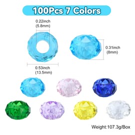 Ipotkitt 100 Pcs 7 Colours Tranparent Resin European Beads Faceted Large Hole Beads Colourful Faceted Rondelle Beads 5.8mm Big Hole Spacer Beads for DIY Crafts Jewellery Making