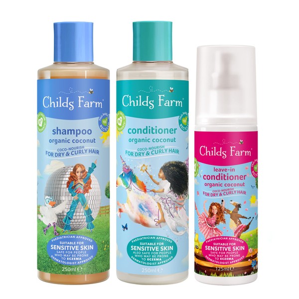 Childs Farm, Kids Hair Coco-Nourish Regime Bundle, Shampoo 250ml, Conditioner 250ml and Leave-In Conditioner 125ml, Dry, Curly and Coily Hair