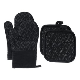 sourcing map 4 Pcs Oven Mitts and Pot Holders, 11.8 Inch Rhombus Oven Gloves and Hot Pads for Cooking Grilling BBQ Picnic, Black