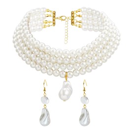 CHROMACRAFT 1 multi-layer pearl necklace, 1 pair specially shaped pearl earrings, vintage pearl jewellery, specially shaped pearl jewellery, fashionable women's necklace, Elee women's necklace