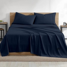 Full Size Bed Sheets - 600 Thread Count Egyptian Cotton - 15 Inch Deep Pocket Fitted Sheet - Cooling Sheets - 4 Piece Premium Sheet Set for Full Bed - Navy Blue Solid