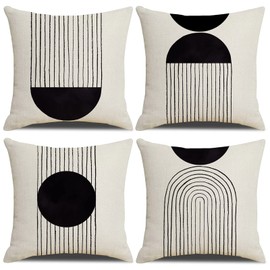 IcosaMro Boho Pillow Covers 18x18 Set of 4, Mid Century Modern Arch Sun Decor Cotton Linen Throw Pillow Cover Decorative Boho Cushion Cover with Zipper, Black and White