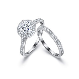 EVER FAITH Sparkly Round Cubic Zirconia Wedding Ring Beautiful Eternity Engagement Bridal Ring Set for Women, Brass, White