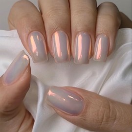 Chrome Glazed Donut Press on Nails Medium Short Square Pearl White Short Gel Nails Press ons Glossy Acrylic Nails Reusable Fake Nails for Women Glue on Nails Medium Length Thick False Nails 24Pcs