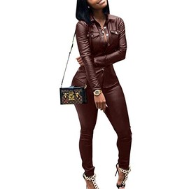 ksotutm Women 2 Piece Outfits Button Pocket Lapel Jacket Top And High Waist Leather Pencil Pants Set