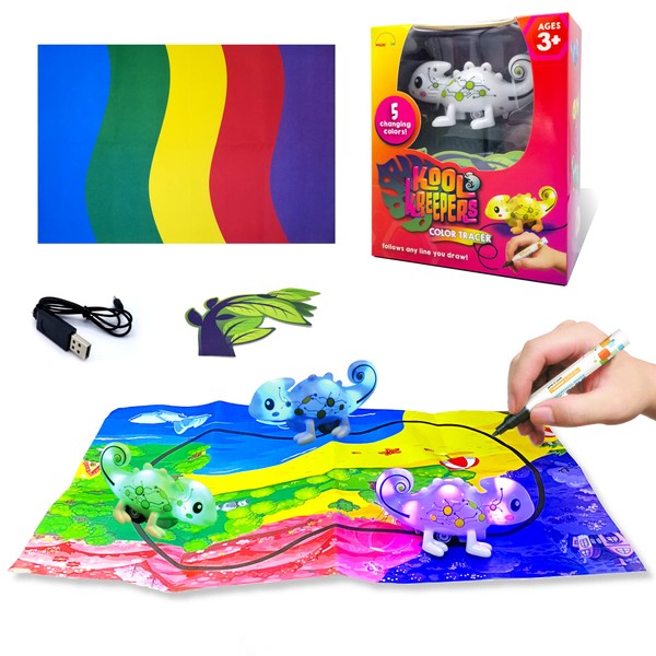 MUKIKIM Kool Kreepers - Color Tracer Chameleon. Inductive STEAM Toy for 3+ Year Old Girls & Boys. Follow Line + 5 LED Changing Colors/Sounds Lizard Toy for Kids