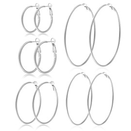 5Pairs Large Silver Hoop Earrings for Women Lightweight Big Silver Hoop Earrings Stainless Steel Hypoallergenic Thin Hoop Earring for Women 30-70mm PABBEU