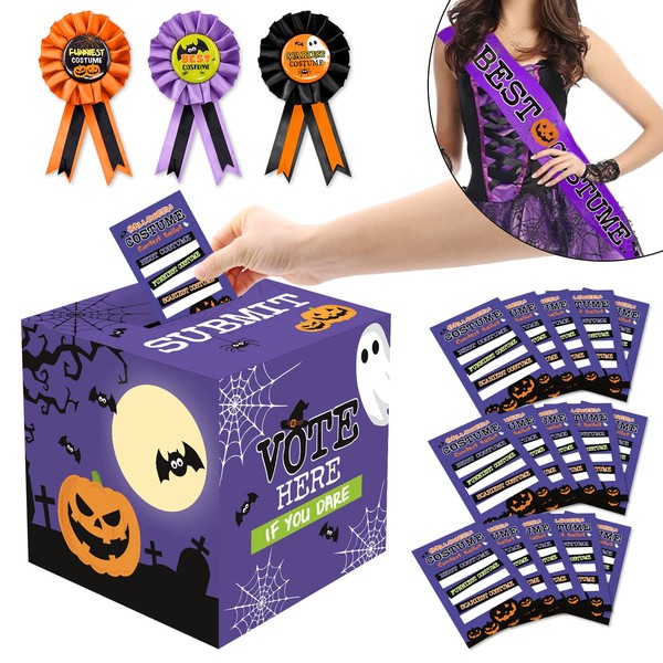 55 PCS Halloween Costume Contest Ballot Box Voting Cards Best Costume Award Ribbons Sash Purple Halloween Costume Contest Ballot Kit for Halloween Witch Cosplay Party