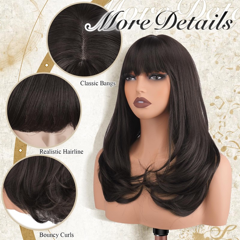 FESHFEN Long Wigs with Bangs, Synthetic Natural Looking Layered Straight