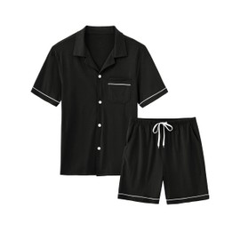 MoFiz Men's Cotton Pajama Set Sleepwear Shorts Summer Sleep Sets Cardigan Black S