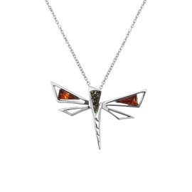 Kiara Jewellery 925 Sterling Silver Modern Dragonfly Dragonfly Pendant Necklace Inlaid with Mixed Baltic Amber on 18 Inch Sterling Silver Chain, Sterling Silver, Amber