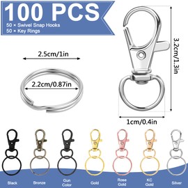 AUGSUN 100PCS Swivel Clasps Lanyard Snap Hooks with Key Rings, Key Chain Clip Hooks Lobster Claw Clasps for Keychains Jewelry DIY Crafts (Multicolor)