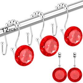 Yapicoco Shower Curtain Hooks Rings for Bathroom, 12PCS Double Hooks Glide Anti Rust Crystal Rhinestones Shower Curtain Rings Hangers for Shower Curtains, Clothing, Towels, etc. (Red)