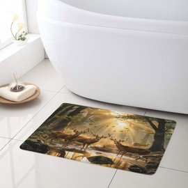 LB Rustic Deer Hunting Bath Mat - Sun Misty Forest Elk Scene Non-Slip Bathroom Rug, Soft Memory Foam Machine Washable - Country Cabin Lodge Bathroom Entryway Nature Decor 24"x16"