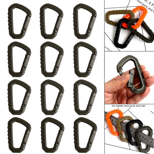 12pcs Enforcement Polymer Light Weight Multipurpose Molle Tactical D-Ring Locking Hanging Hook Spring Lock Buckle Tactical Backpack (Army Green)