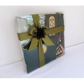 Prayer Rug | 5 in One Prayer Mat, Surah Booklet, Tasbeeh, Scarf, Quran Case Set | Pearl Prayer Beads | Islamic Gift for Her | Islamic Gifts for Occasions | Prayer Mat| Birthday Gift (Green)