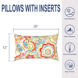 Melody Elephant Outdoor/Indoor Lumbar Pillows, Water Repellent Cushion Pillows, 12x20 Inch, Outdoor Pillows with Inserts for Home Garden, Pack of 2, Flower Multi