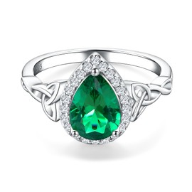 DAYBYDAY Emerald Ring Sterling Silver May Birthstone Rings Pear Shaped Engagement Ring for Women Celtic Ring with Green Stone Size 7