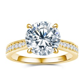 BAGUTTA PAVONE Round Moissanite Engagement Rings for Women, Women's 925 Sterling Silver with 18K Yellow Gold Plated Promise Rings for Her,D Color VVS1 Wedding Bands Moissanite Ring 2CT Size 7