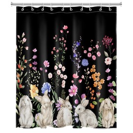 LB Easter Rabbit Shower Curtain for Bathroom,Funny Animal and Country Colorful Wildflower Green Plant on Black Fabric Shower Curtain with Hooks,Rustic Nature Bathroom Curtains Shower Set, 60x72 inches